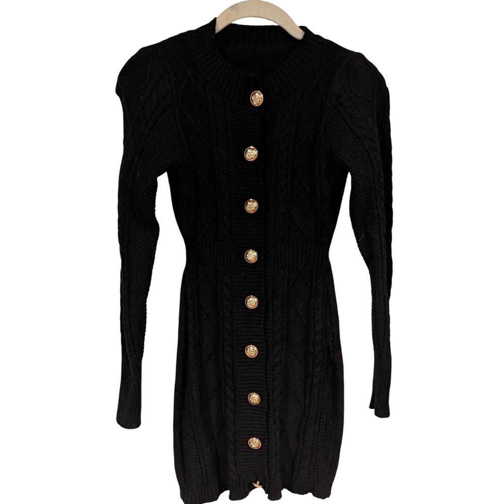 Black Cable‎ Knit Button Front Sweater Dress Gold Buttons Mini Length